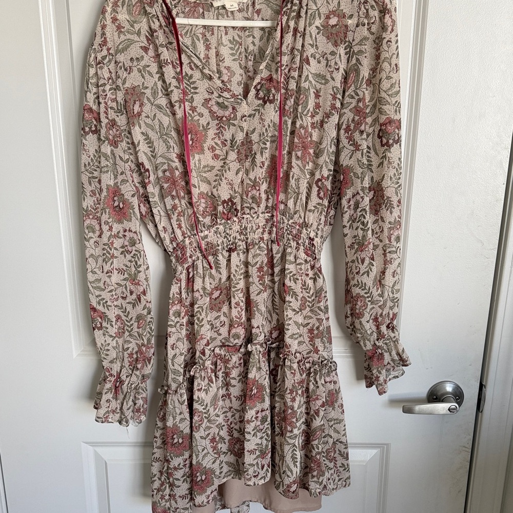 Lovestitch Beige and Red Floral Long Sleeve Dress